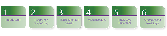 A horizontal chart describing the six sections in the module. Section 1: Introduction. Section 2: Danger of a Single Story. Section 3: Native American Value. Section 4: Micromessages. Section 5 Interactive Classroom. Section 6 Strategies and Next Steps.