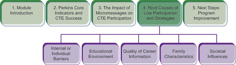 Course structure diagram, highlighting the current section 4 Root Causes of Low Participation and Strategies