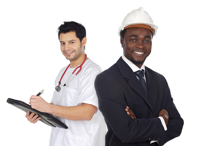 Two happy workers. One is a Mexican-American nurse. The other is an African-American architect. 